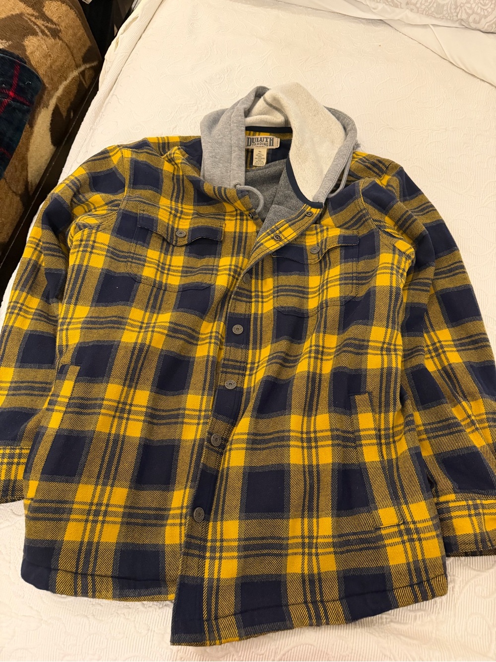 Duluth Trading Co Kids Yellow & Navy Plaid Hooded Flannel Jacket with Gray Hood